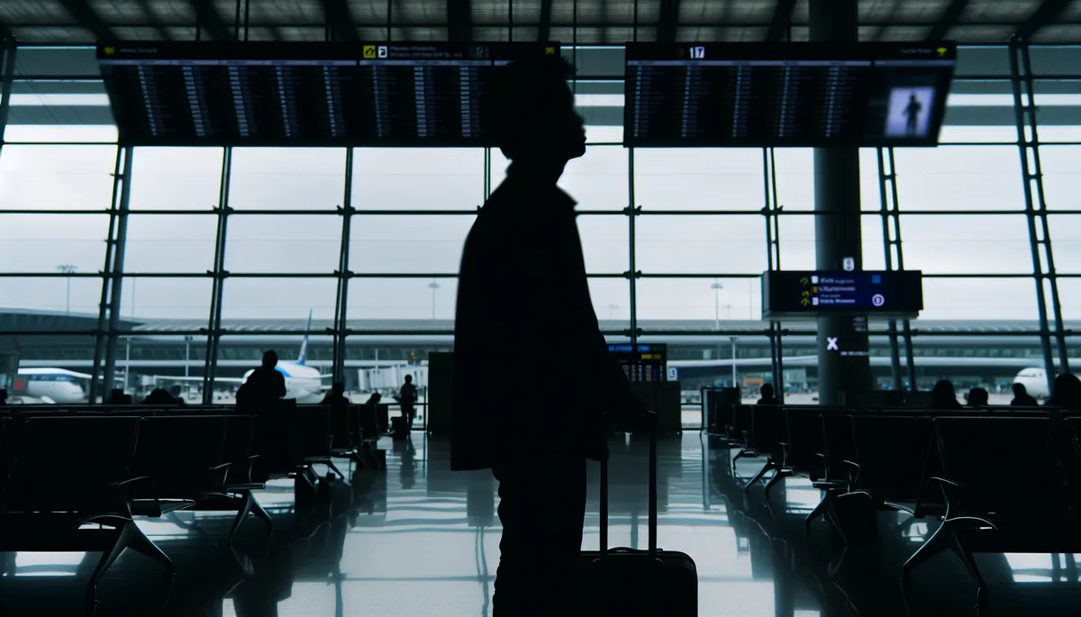 Silhouette of a traveler standing alone in a busy airport terminal with blurred departure gates in the background, conveying travel challenges and connectivity issues