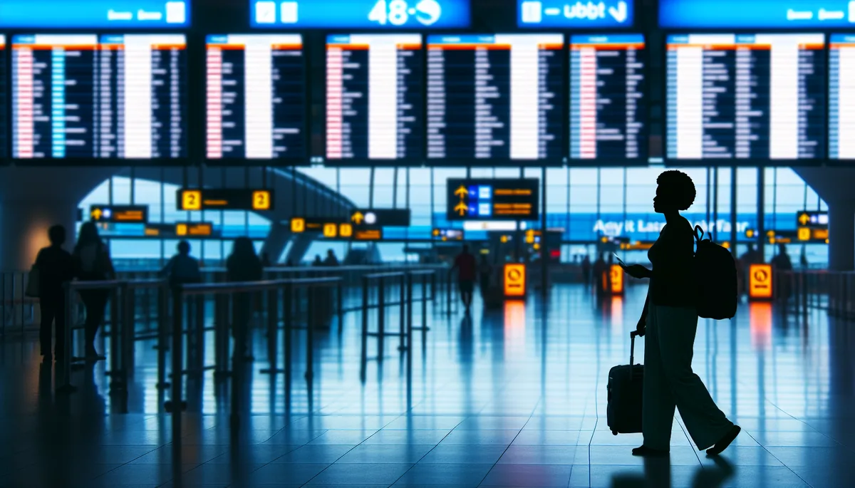 Silhouette of a traveler standing alone at an airport departure gate with blurred flight information boards in the background