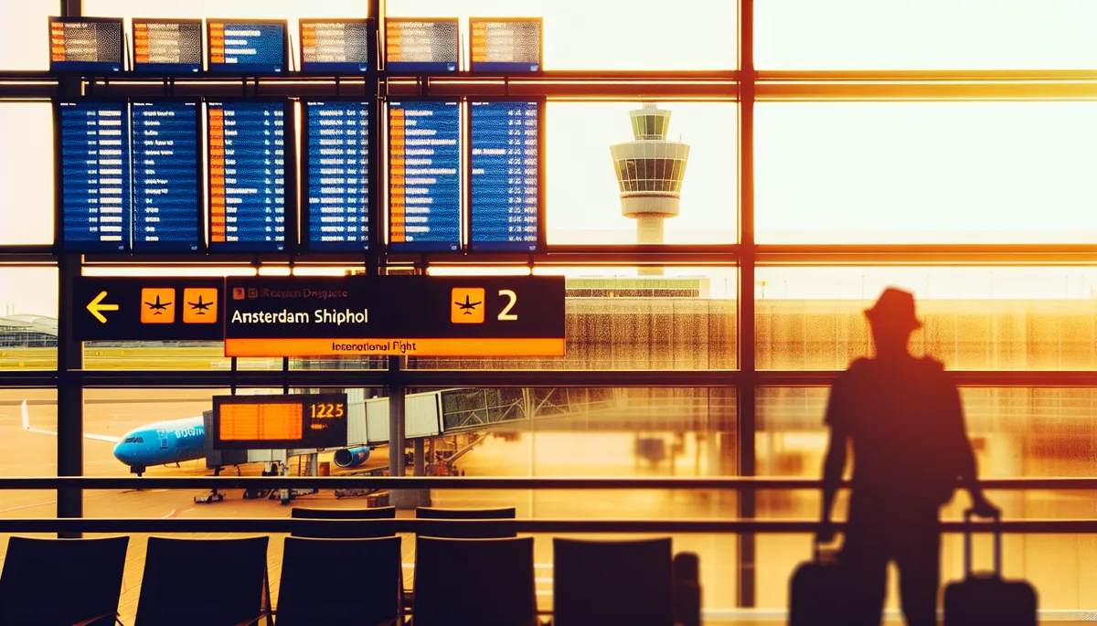 Silhouette of a traveler at Amsterdam airport departure gate with international destinations blurred in the background, bathed in golden hour lighting