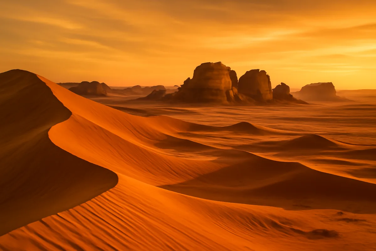A sweeping desert landscape in Saudi Arabia featuring dramatic sand dunes and ancient sandstone formations bathed in warm golden sunset light.