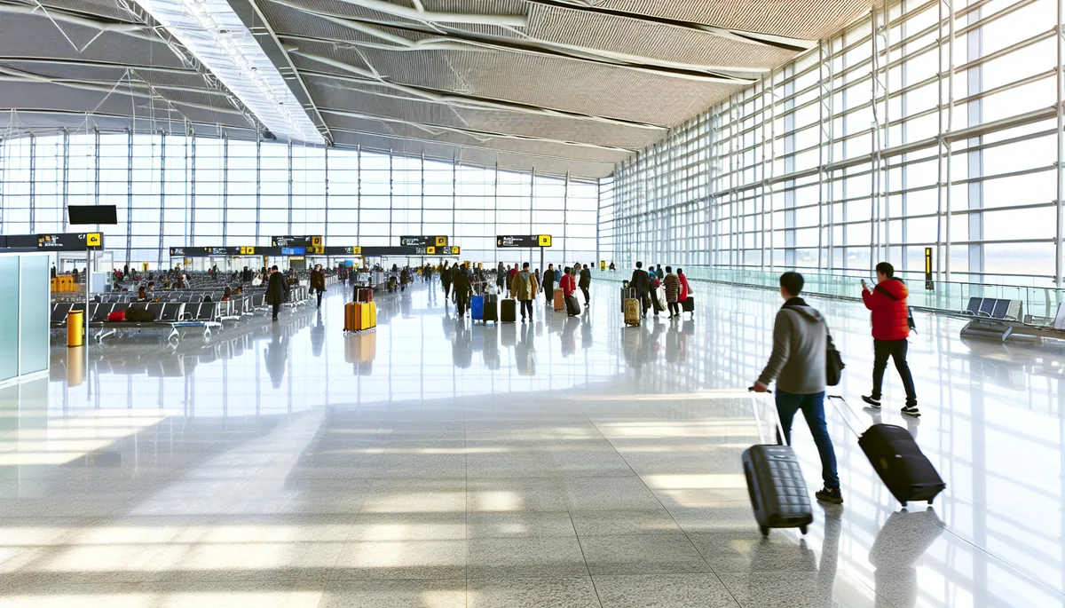 Modern airport terminal interior with travelers walking through a bright departure hall with large windows and contemporary architecture