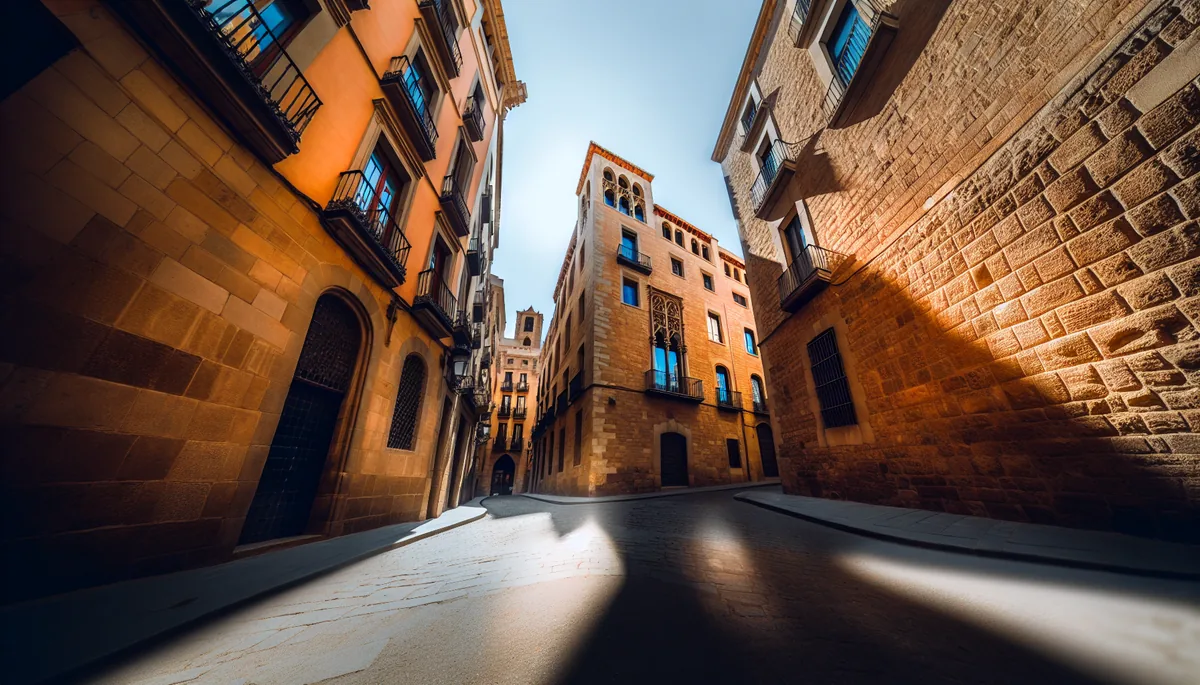 Narrow cobblestone street in Barcelona's Gothic Quarter with historic stone buildings, warm sunlight creating dramatic shadows between medieval architecture