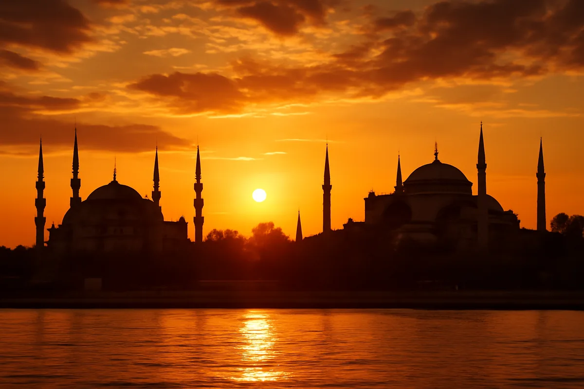 Stunning sunset view of Istanbul's historic skyline featuring the Blue Mosque and Hagia Sophia with the Bosphorus strait reflecting golden light