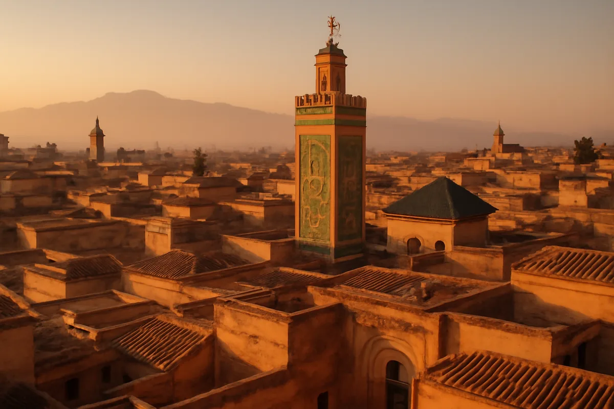 Panoramic view of a traditional Moroccan medina with terracotta rooftops, blue tilework, and a minaret silhouetted against warm golden hour light, with the Atlas Mountains in the background.