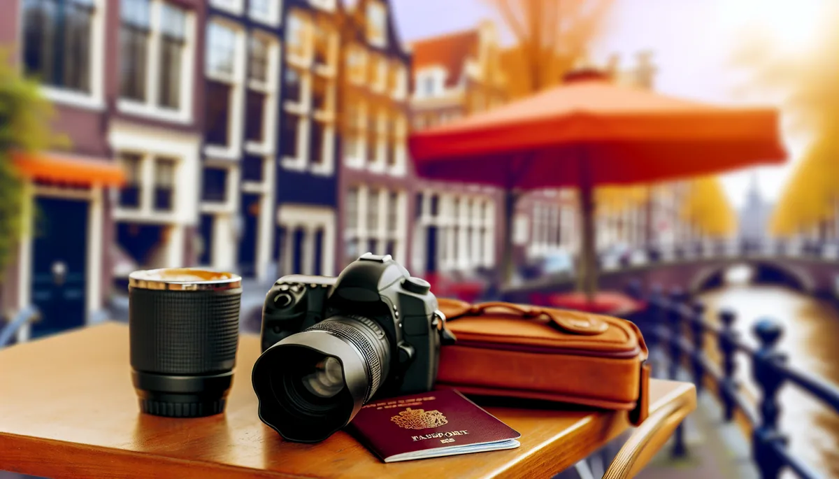 A traveler's backpack and passport on a wooden cafe table with Dutch canal houses softly blurred in the background during golden hour