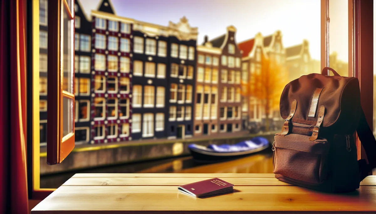 A traveler's backpack and passport placed on a wooden café table with Dutch canal houses visible in the soft-focused background, bathed in warm afternoon sunlight