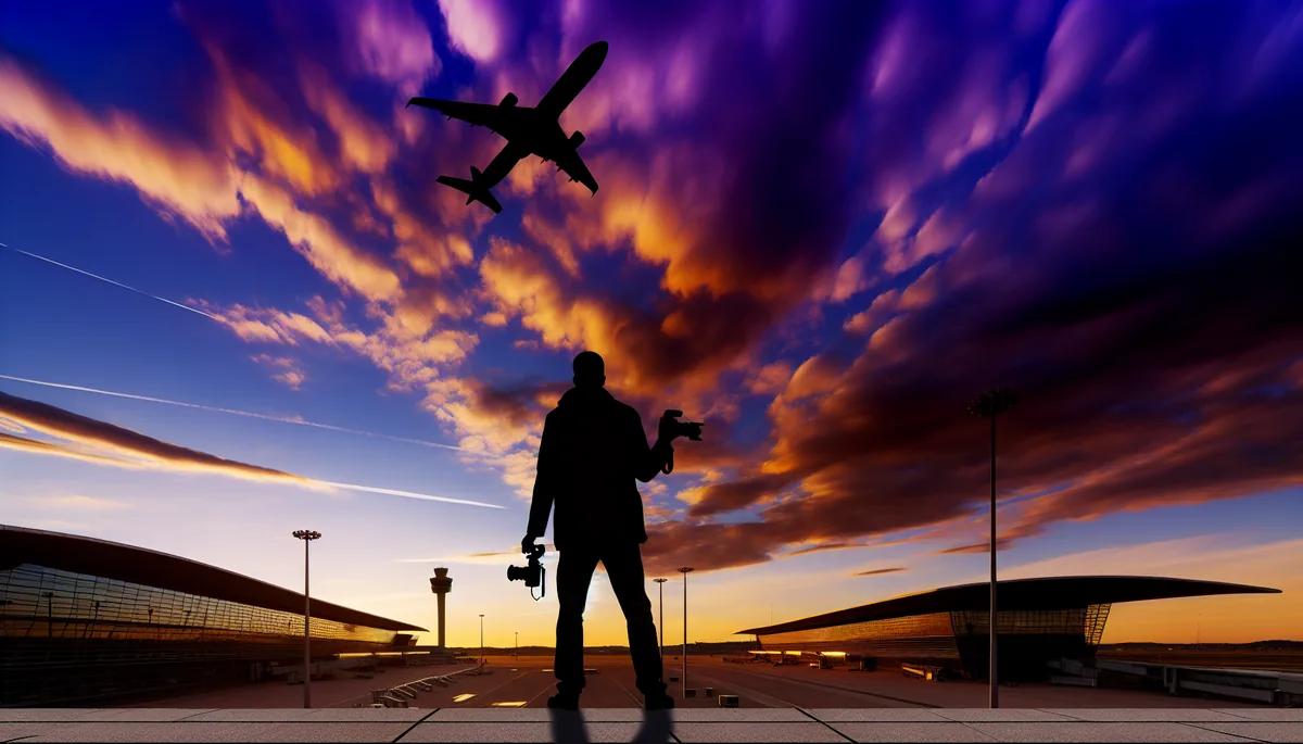 Silhouette of a traveler standing at a large airport terminal window overlooking an airplane runway during sunset, with dramatic cloudy skies in orange and purple hues