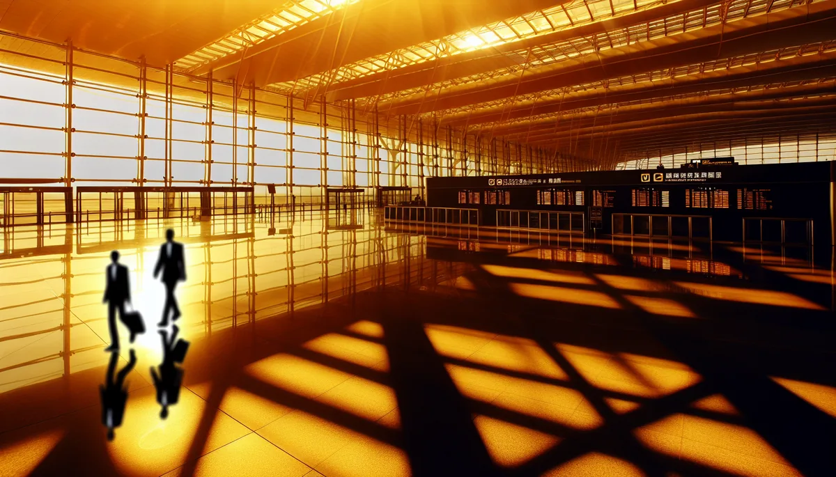 Silhouette of a business traveler walking through a modern airport terminal with large windows and warm lighting