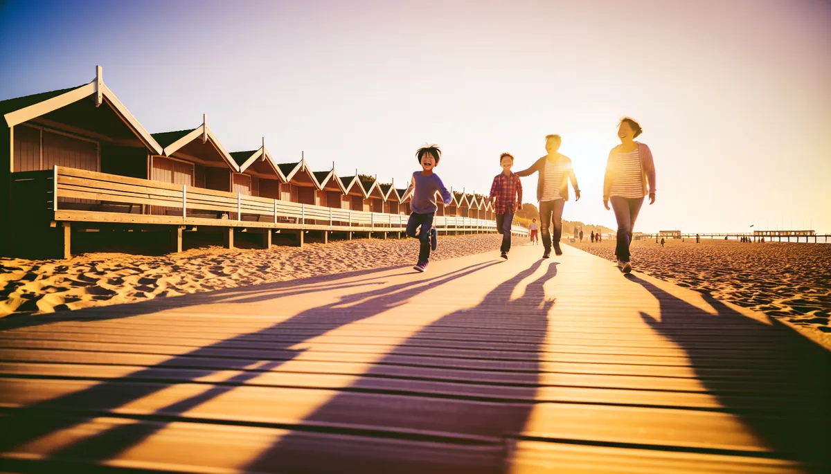 Family silhouettes walking together on a European beach boardwalk during golden hour with traditional beach huts in the background