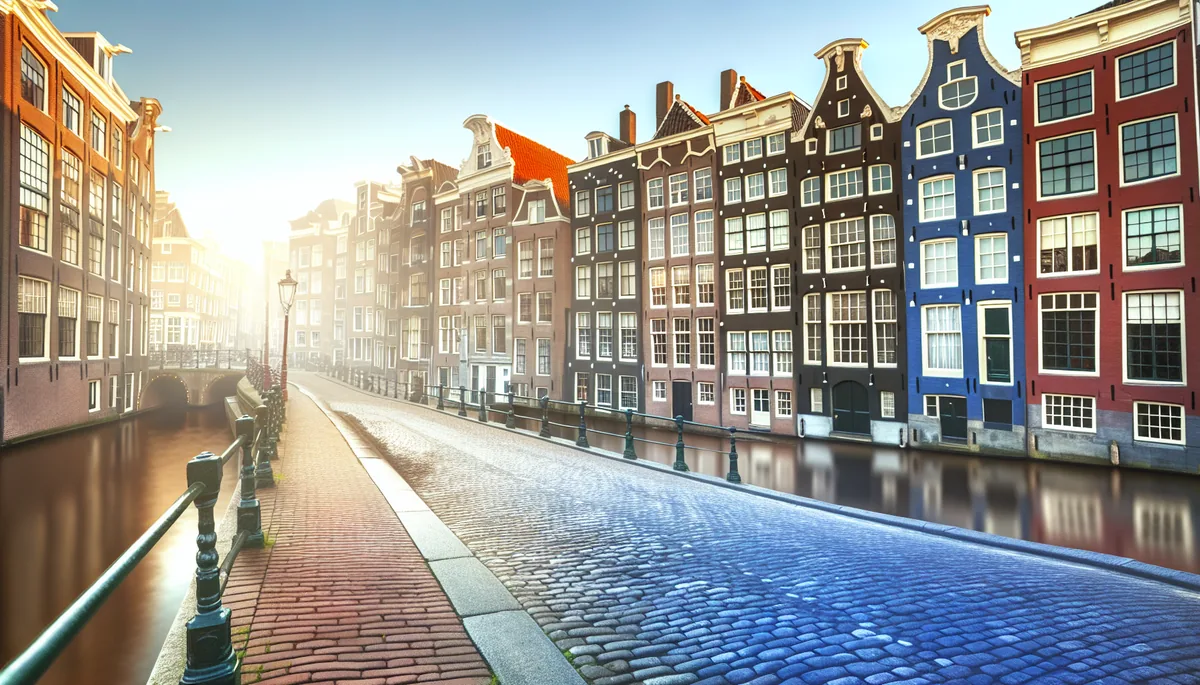Picturesque Amsterdam canal with traditional Dutch houses lining the waterway, featuring colorful facades and historic architecture in golden morning light