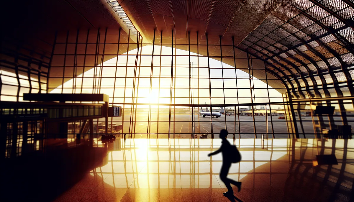 Silhouette of a traveler walking through a bright, modern airport terminal with large windows showing an airplane on the tarmac during golden hour