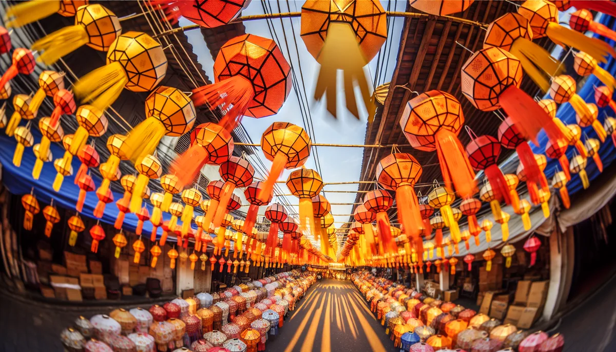 Vibrant Thai street market scene in Bangkok with colorful lanterns and traditional architecture during golden hour