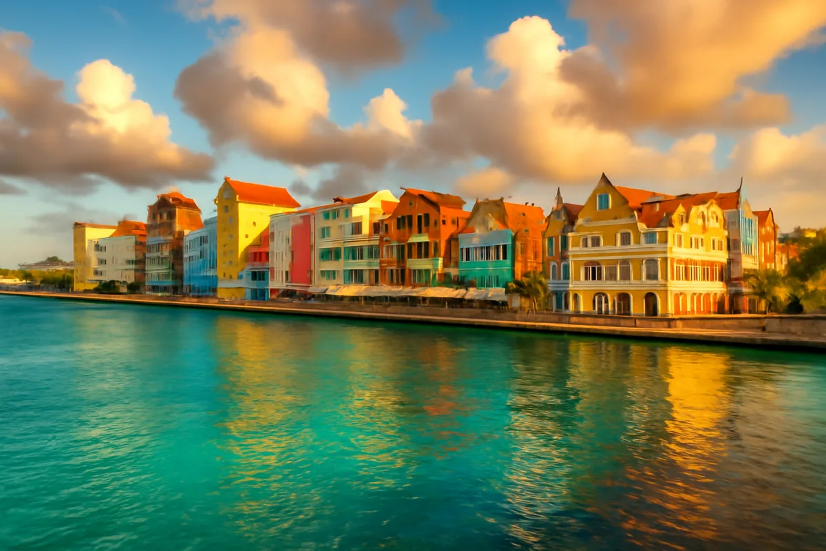 Colorful Dutch colonial buildings along the waterfront of Willemstad, Curaçao, reflected in turquoise Caribbean waters under a warm golden sky