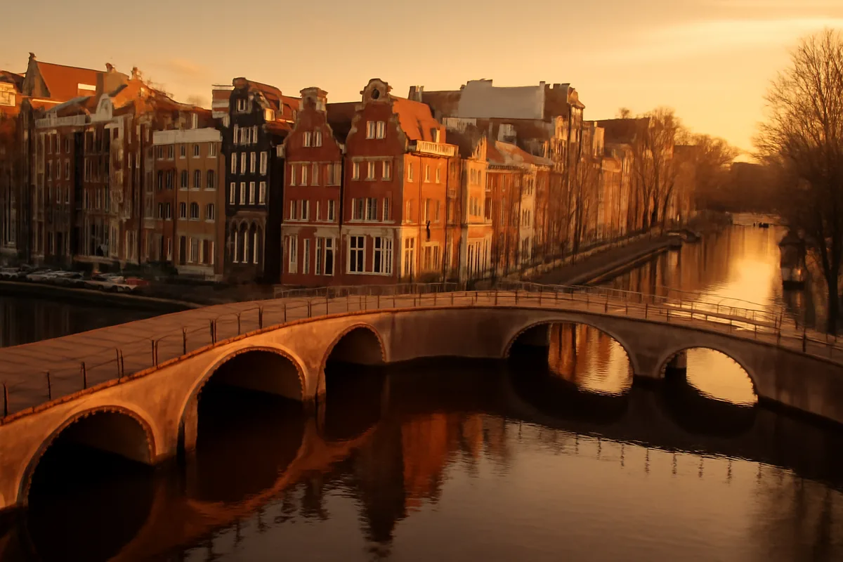 Aerial view of Amsterdam's historic canal district at golden hour, featuring classic Dutch townhouses with stepped gable rooftops lining the calm reflective waterways and picturesque arched bridges.