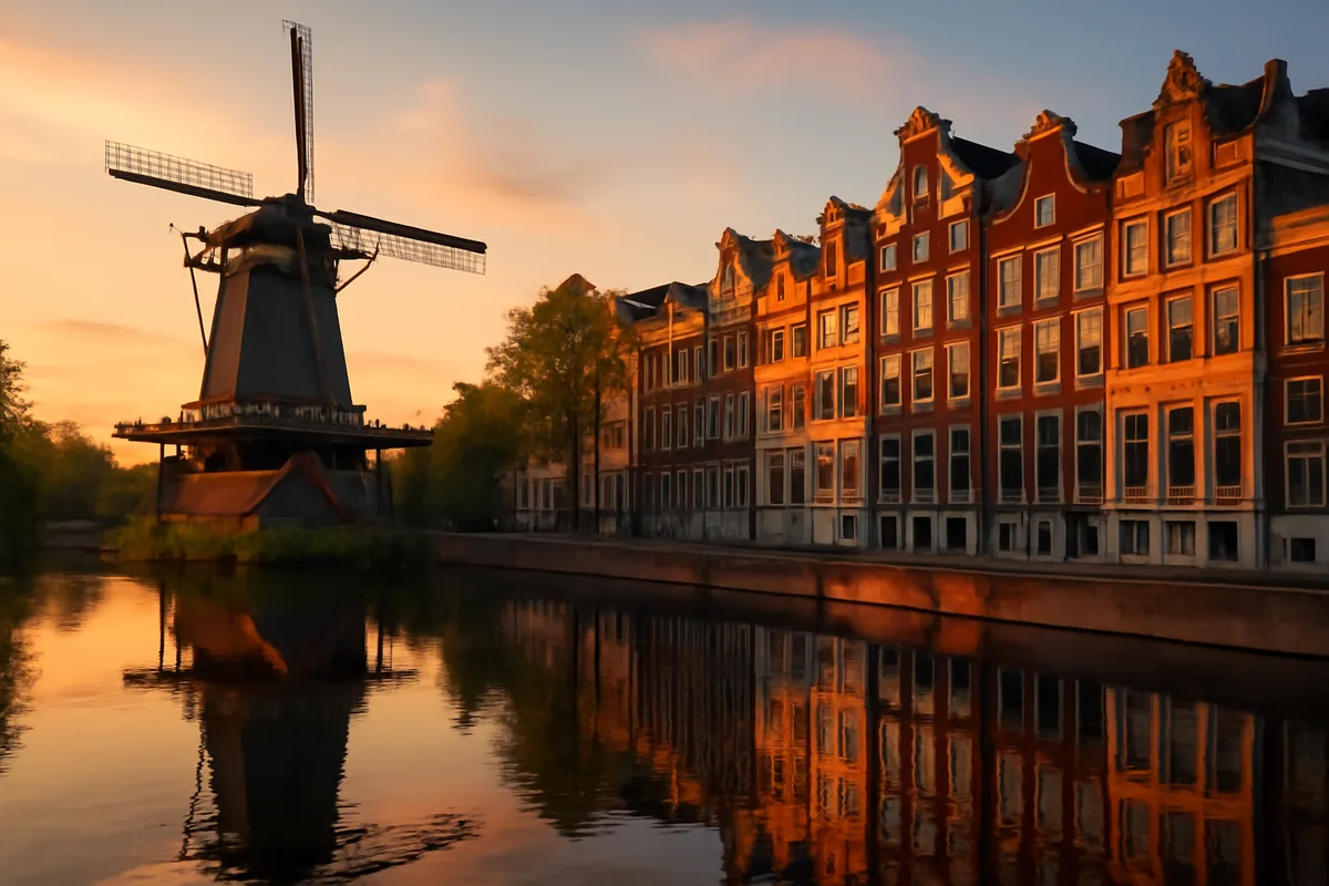Traditional Dutch windmill beside a peaceful canal with colorful Amsterdam houses reflected in the water during golden hour