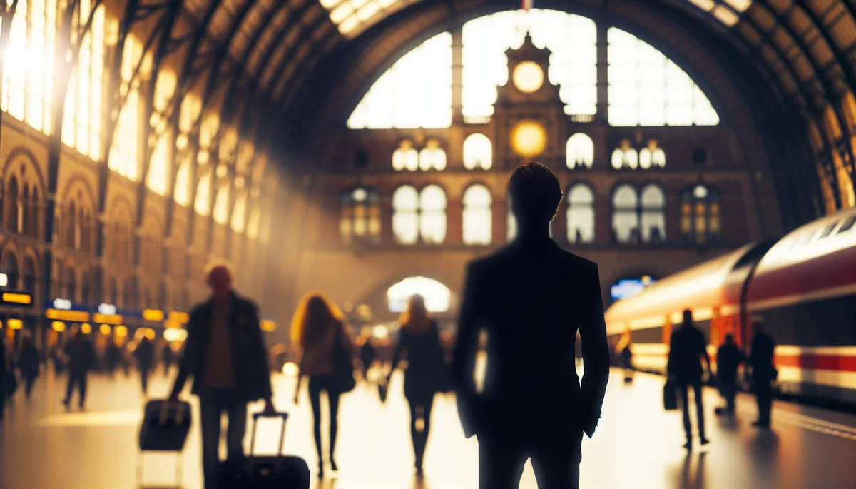 Silhouette of a traveler standing in a grand European train station with warm golden lighting and architectural details