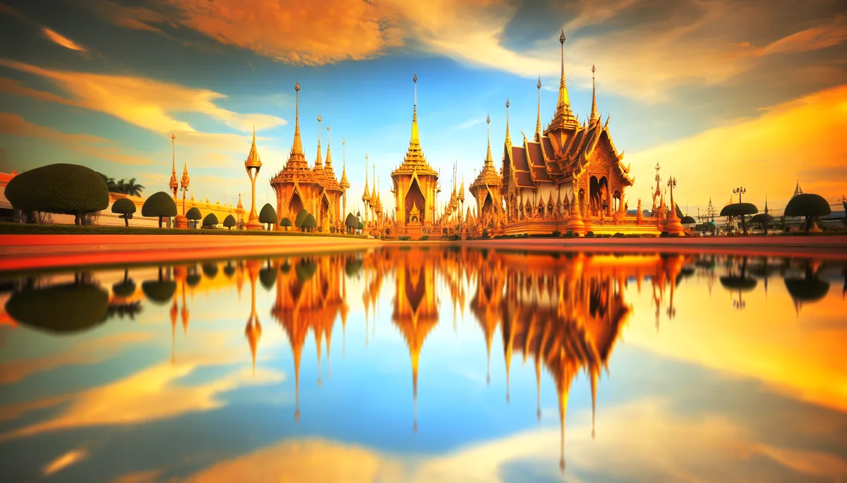 Golden Buddhist temple in Thailand with ornate spires reflecting in calm water during golden hour