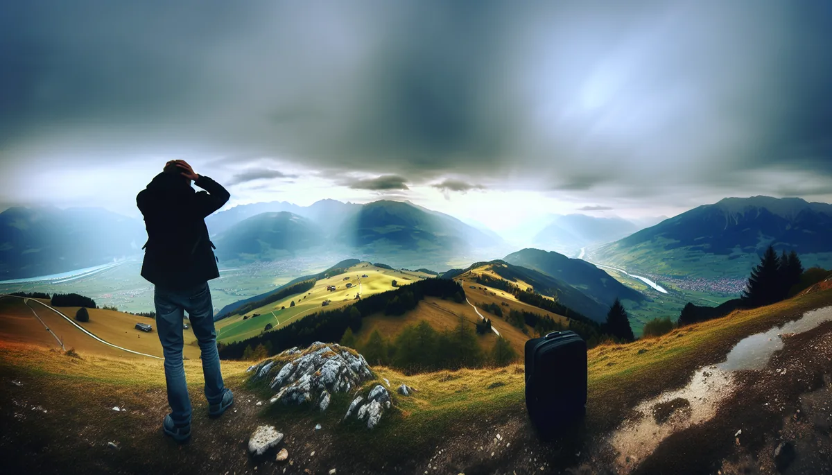 Silhouette of a traveler standing alone on a mountain overlook with a dramatic European alpine landscape stretching into the distance under moody, cloudy skies