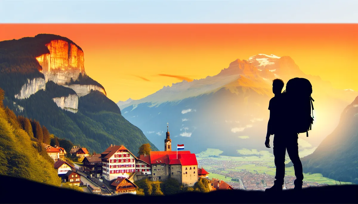 Silhouette of a traveler with backpack standing on a mountain overlook, viewing a picturesque European Alpine village with traditional red-roofed houses in a valley below during golden hour