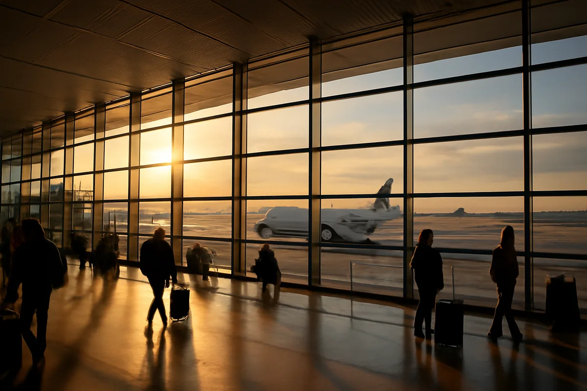 A bright and spacious international airport terminal with large windows overlooking an airfield at golden hour, conveying the feeling of international travel and departure to distant destinations.