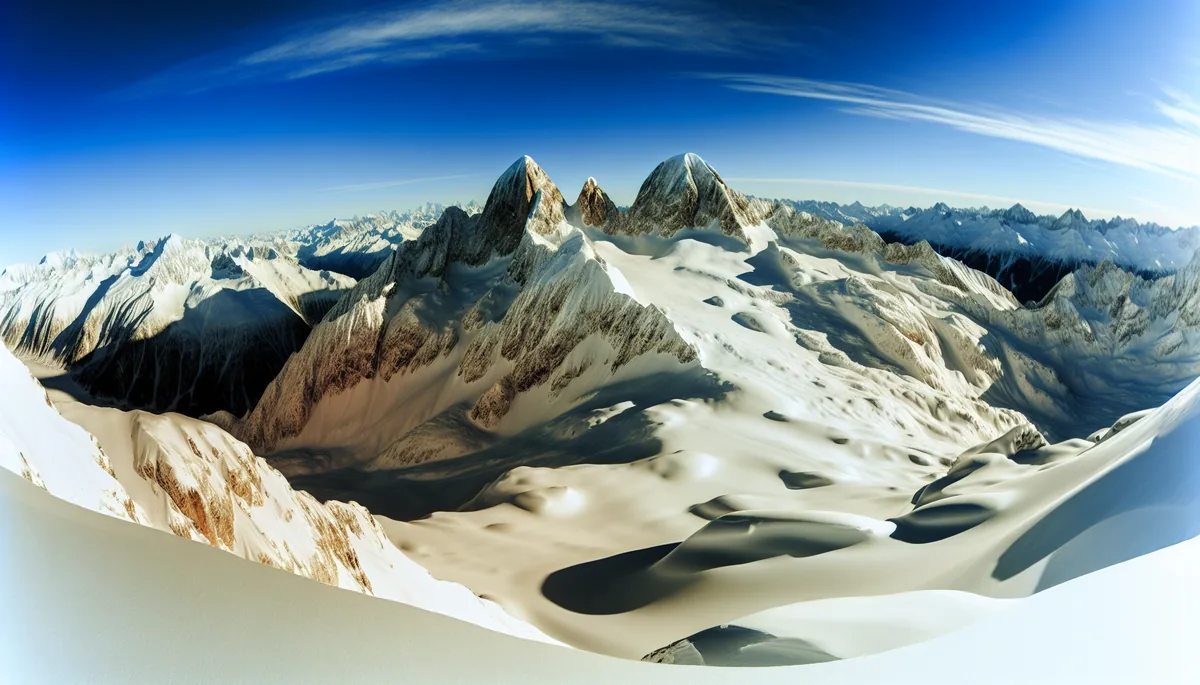 Breathtaking panoramic view of snow-covered Alpine mountain peaks under bright blue sky with golden sunlight illuminating the pristine white slopes