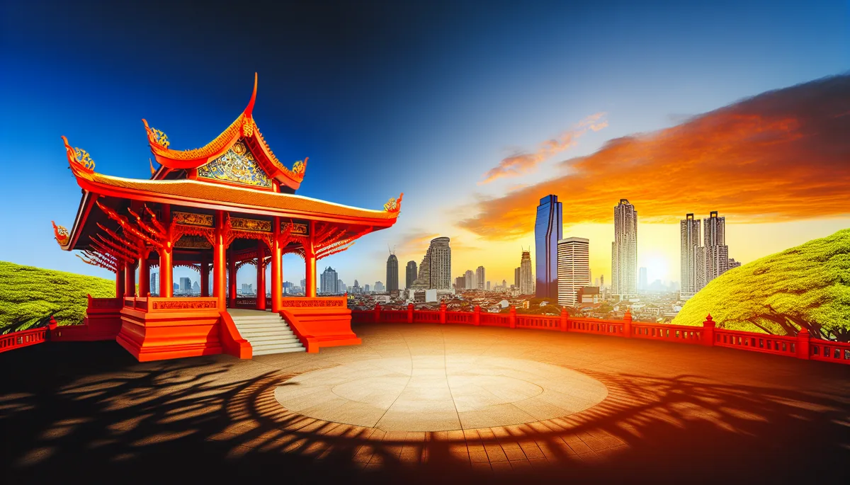 Traditional Asian temple with pagoda architecture in foreground, modern city skyline with skyscrapers in background, captured during golden hour with warm lighting