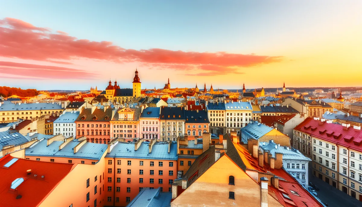 Panoramic view of a European city skyline during golden hour with historic and modern architecture bathed in warm sunset lighting