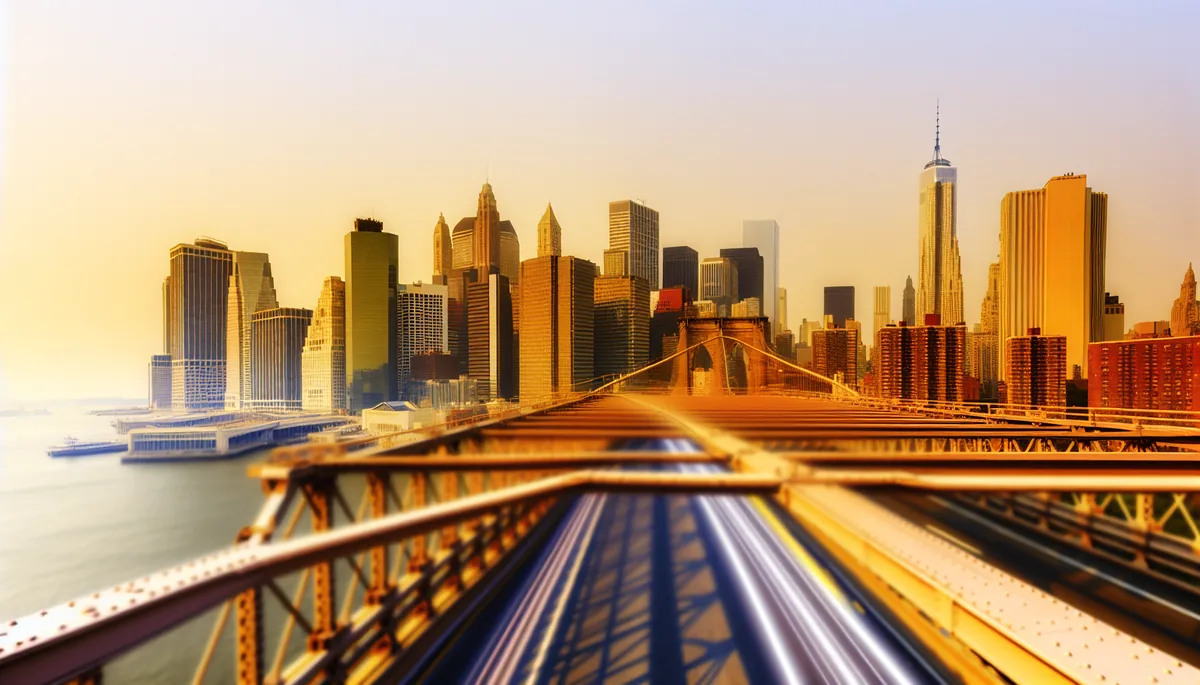 Stunning golden hour view of New York City skyline with Empire State Building and Manhattan skyscrapers as seen from Brooklyn Bridge