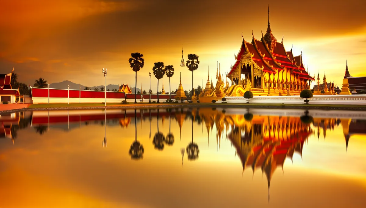 Golden Buddhist temple with traditional Thai architecture reflecting in calm water at sunset, surrounded by palm trees and dramatic orange sky