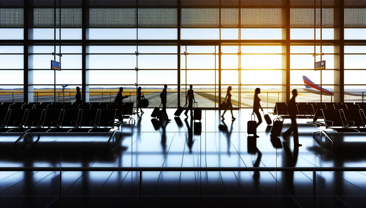 Modern airport departure lounge with travelers walking toward gates during sunset, representing travel preparation and connectivity