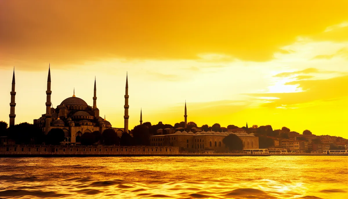 Stunning sunset view of Istanbul's historic skyline featuring the Blue Mosque and Hagia Sophia reflected in the Bosphorus waters