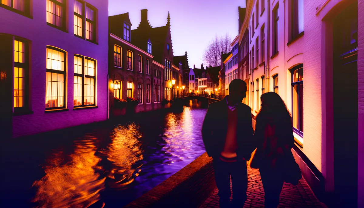 Romantic silhouettes of a couple walking along a historic European canal at twilight with warm lighting