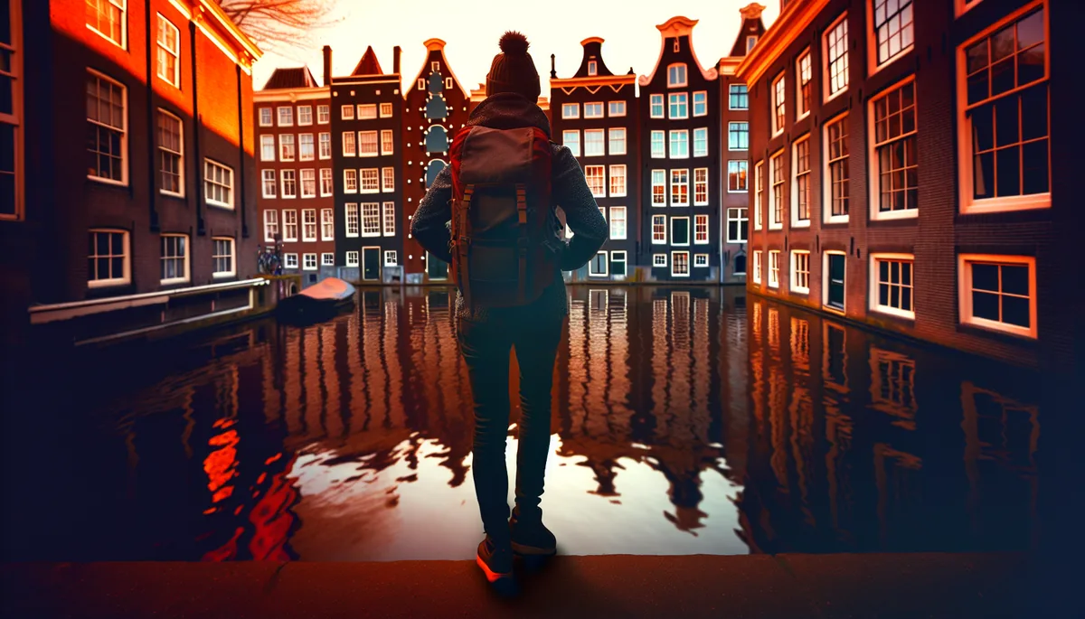 Silhouette of a traveler with backpack overlooking traditional Amsterdam canal houses during golden hour sunset