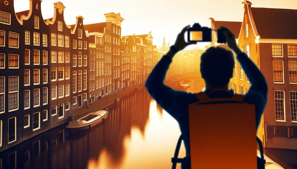 Silhouette of a traveler overlooking Amsterdam's historic canal district at golden hour, with traditional Dutch architecture and reflective waters