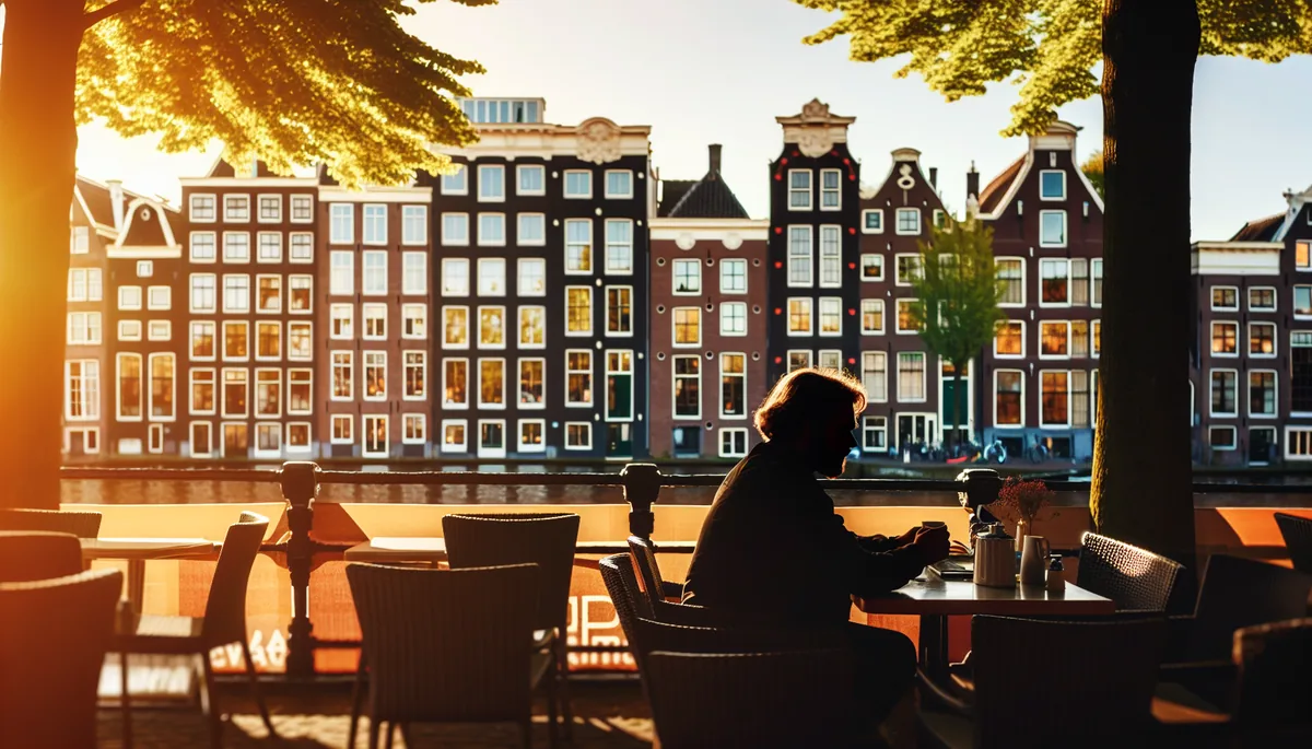 Silhouette of a person sitting at a cafe terrace overlooking traditional Amsterdam canal houses with colorful facades, bathed in warm afternoon sunlight