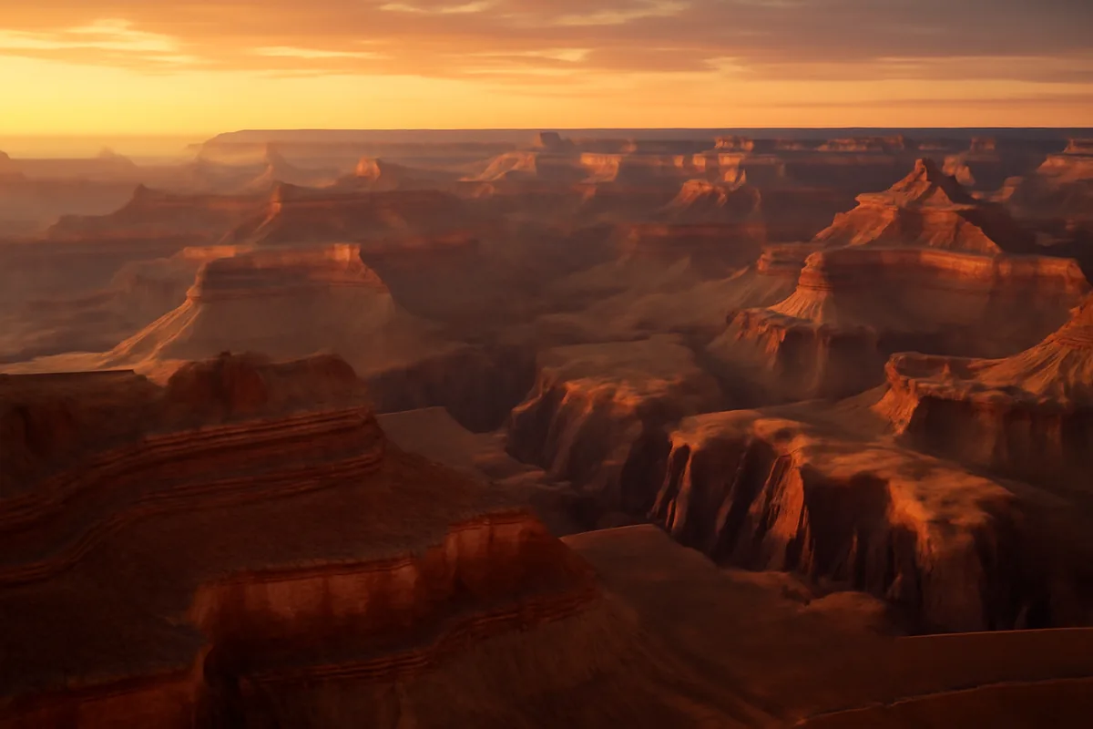 A breathtaking panoramic view of the Grand Canyon at sunset, with dramatic layered red and orange rock formations illuminated by warm golden hour light stretching endlessly into the horizon.