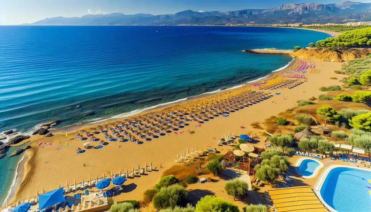 Aerial view of a beautiful European beach resort with turquoise waters, golden sand, colorful umbrellas, and coastal mountains in the background during summer