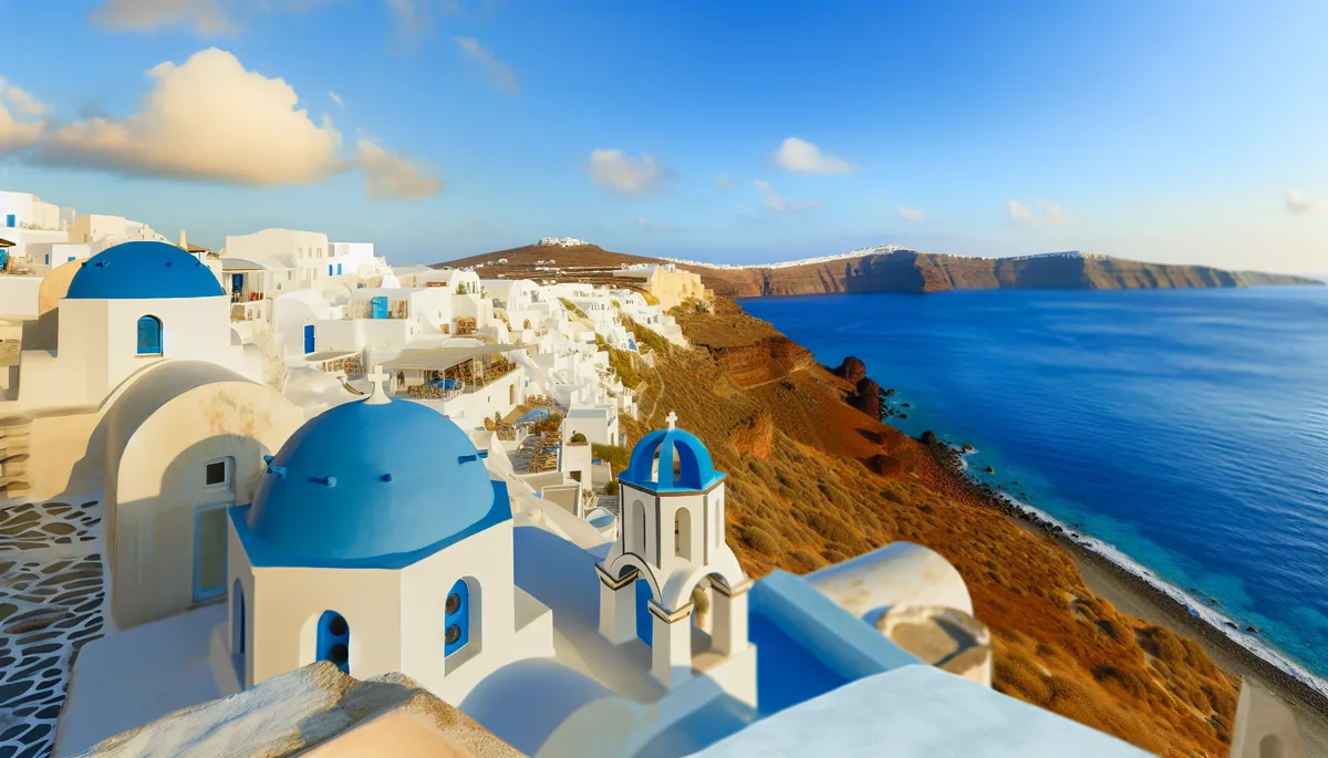 Beautiful Mediterranean coastal view featuring traditional white and blue Greek island architecture with crystal blue waters and golden sunset lighting