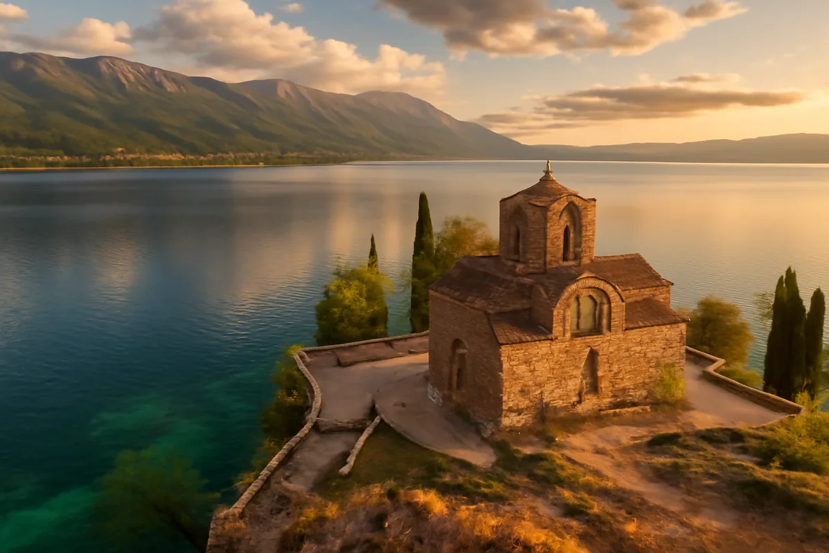 Panoramic view of Lake Ohrid in North Macedonia with a historic Byzantine church on the rocky shoreline, surrounded by mountains and reflecting golden sunset light on turquoise waters.