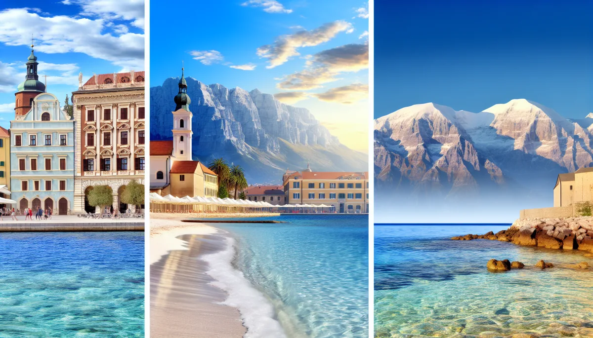 Panoramic travel photograph showing three different scenic destinations - a European city with historic buildings, a tropical beach paradise, and majestic snow-capped mountains - representing travel choices and options