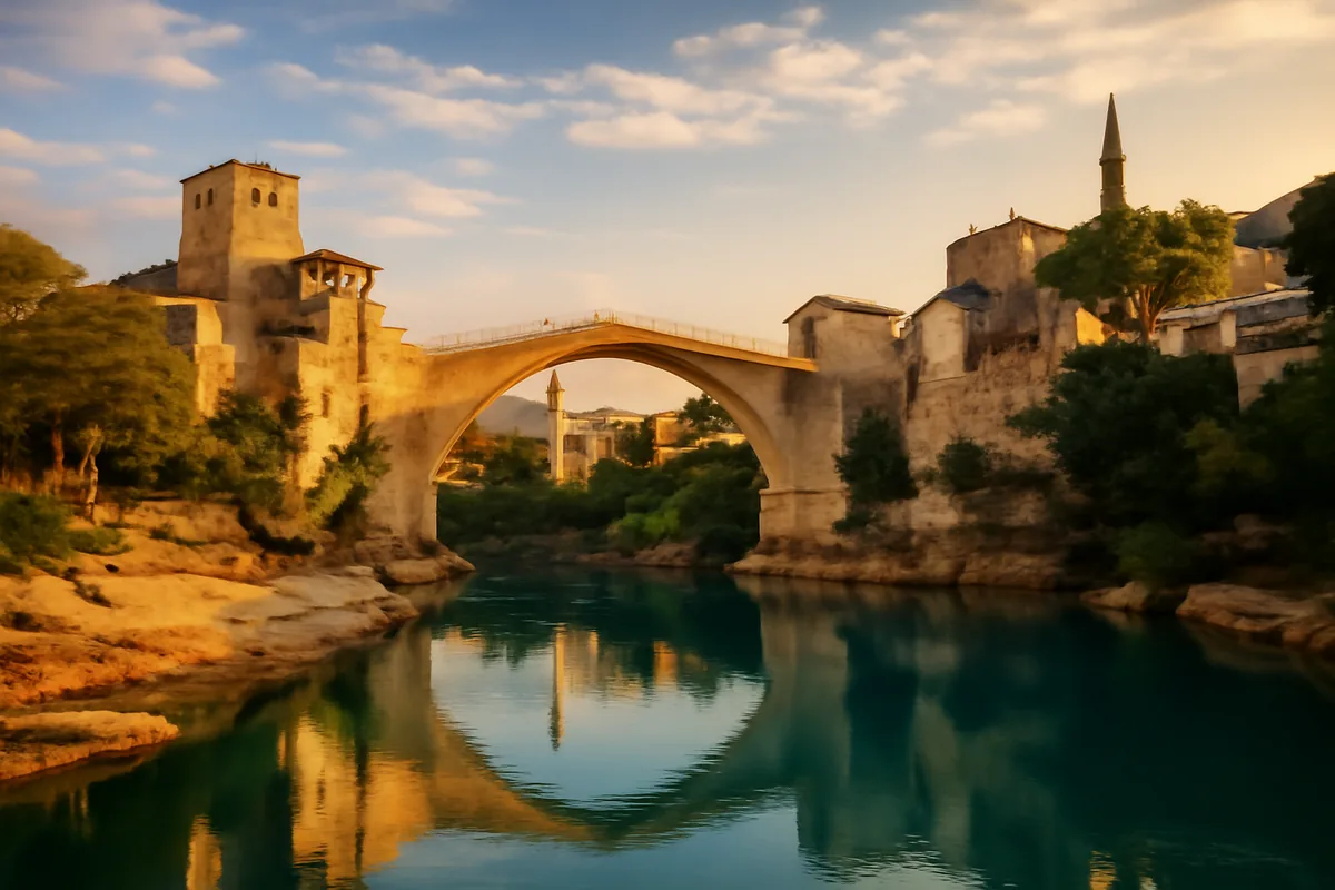 The historic Stari Most bridge spanning the turquoise Neretva River in Mostar, Bosnia and Herzegovina, surrounded by Ottoman-era stone buildings and minarets bathed in golden hour light.