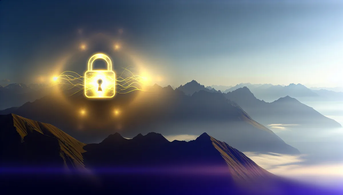 A golden light padlock symbol floating above misty mountain peaks, representing digital security and protection while traveling