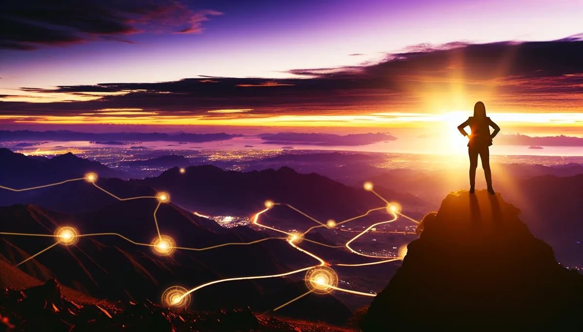 Silhouette of a traveler standing on a mountain peak overlooking a vast landscape with winding paths connecting distant destinations during golden hour