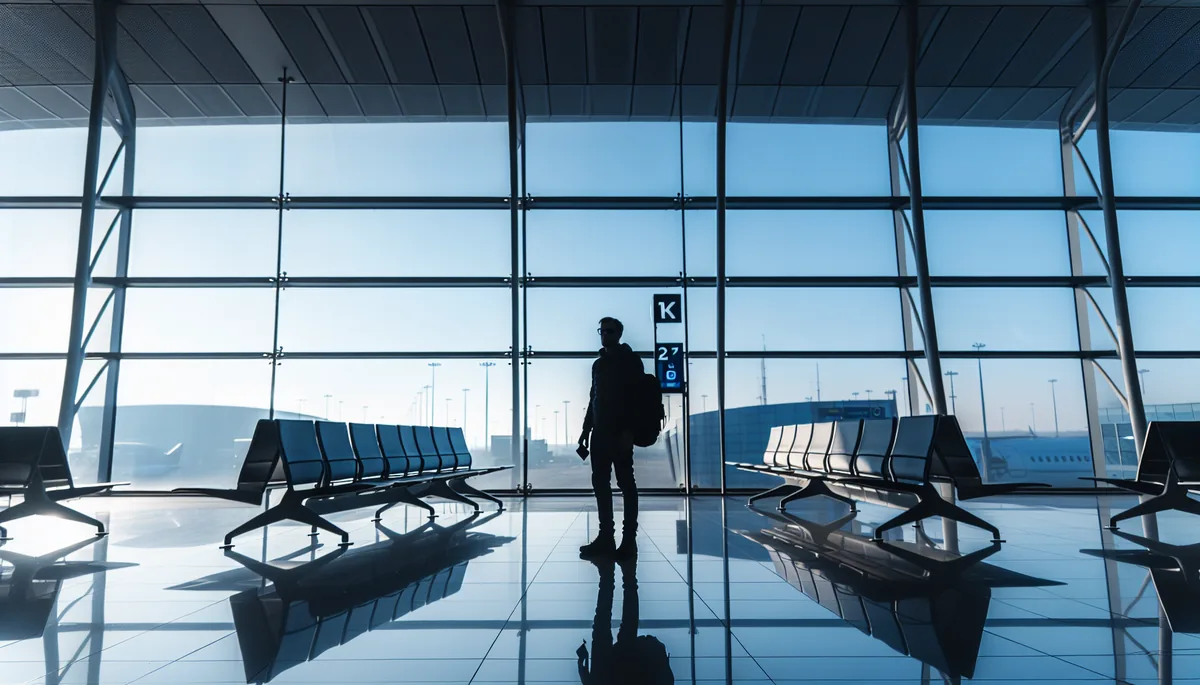 Silhouette of a traveler standing at a modern airport terminal with large windows and clean architectural lines