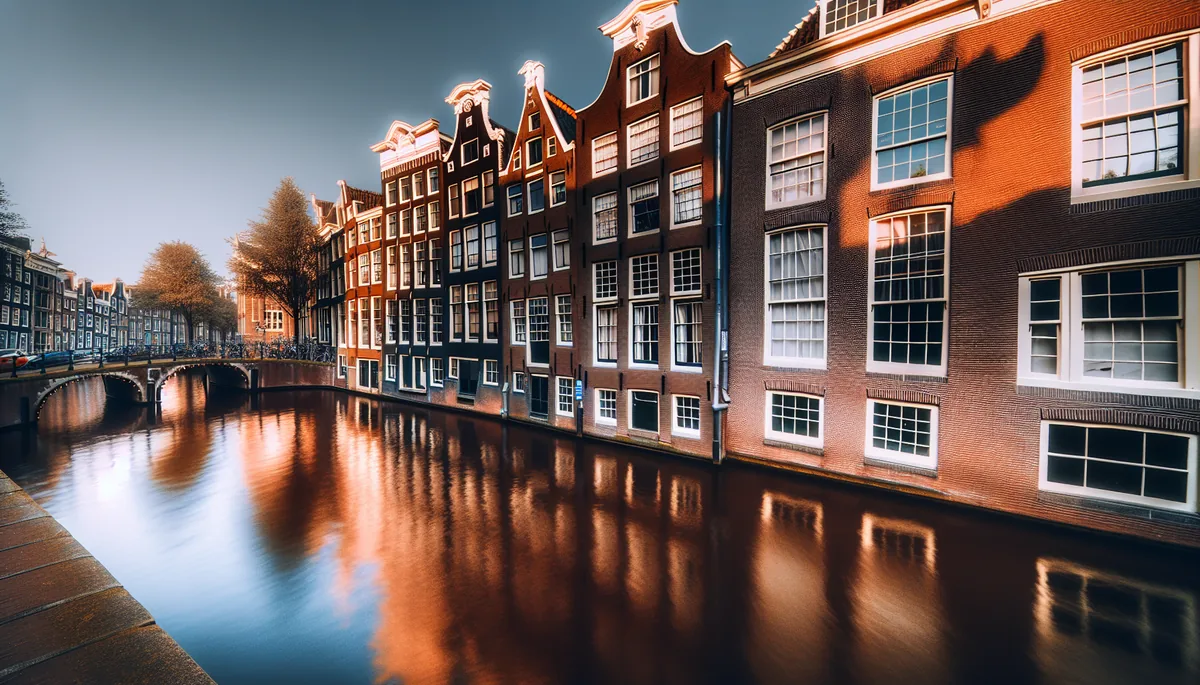 Beautiful Amsterdam canal with traditional Dutch houses and their reflections in the water during golden hour
