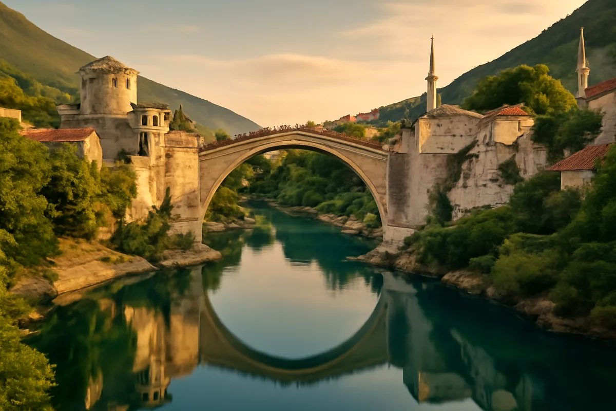 The historic Stari Most bridge arching over the emerald Neretva River in Mostar, Bosnia and Herzegovina, surrounded by traditional Ottoman-style architecture and forested hills at golden hour