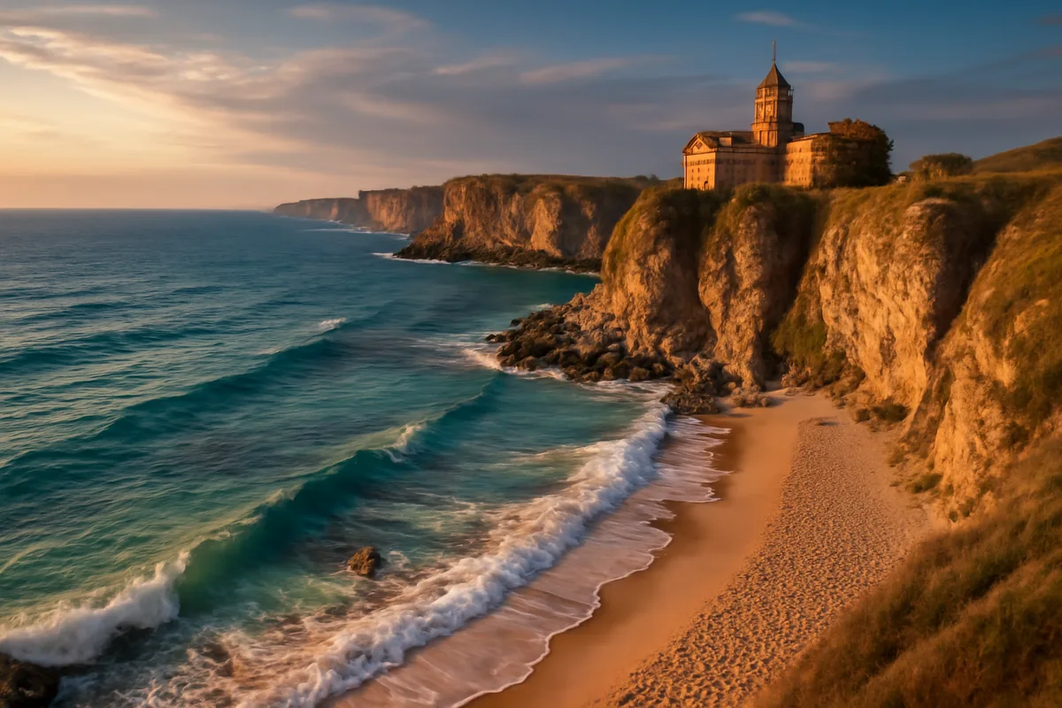 A stunning panoramic view of the Bulgarian Black Sea coast featuring a golden sandy beach, turquoise waters, and a historic clifftop monastery bathed in warm golden hour light.