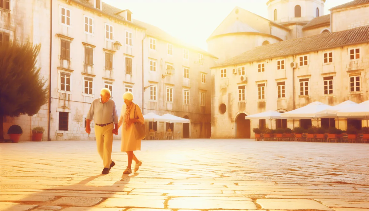 Silhouettes of an elderly couple walking together through a picturesque European town square during golden hour
