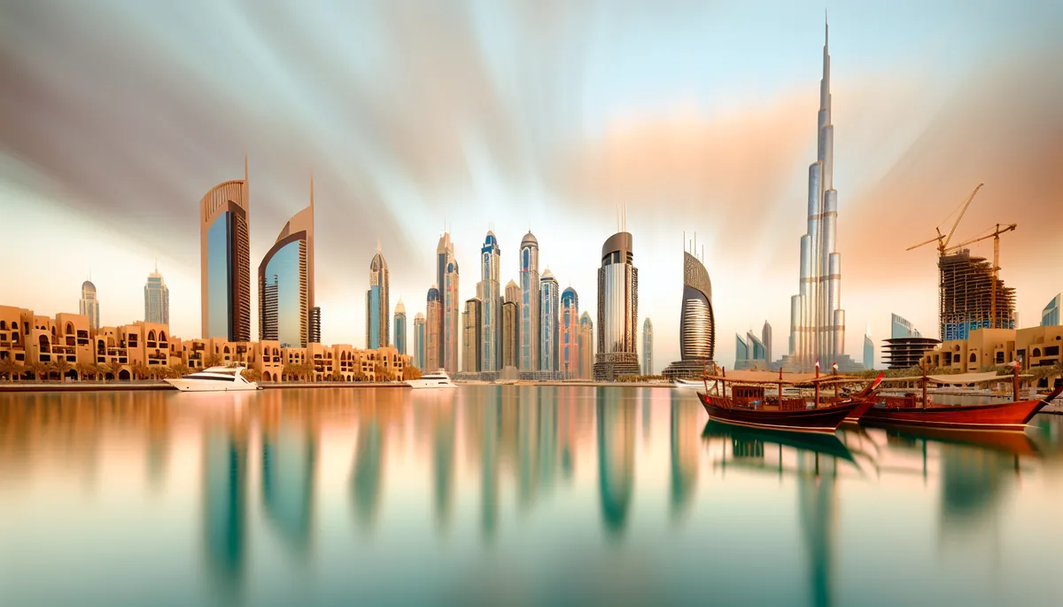 Dubai skyline at sunset featuring the Burj Khalifa and modern skyscrapers reflected in water, with traditional dhow boats in the foreground