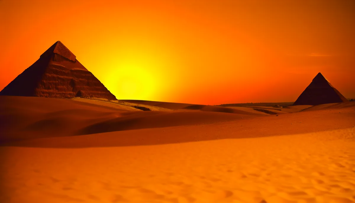 Silhouettes of the Great Pyramids of Giza against a dramatic orange sunset sky with golden desert sand dunes in the foreground